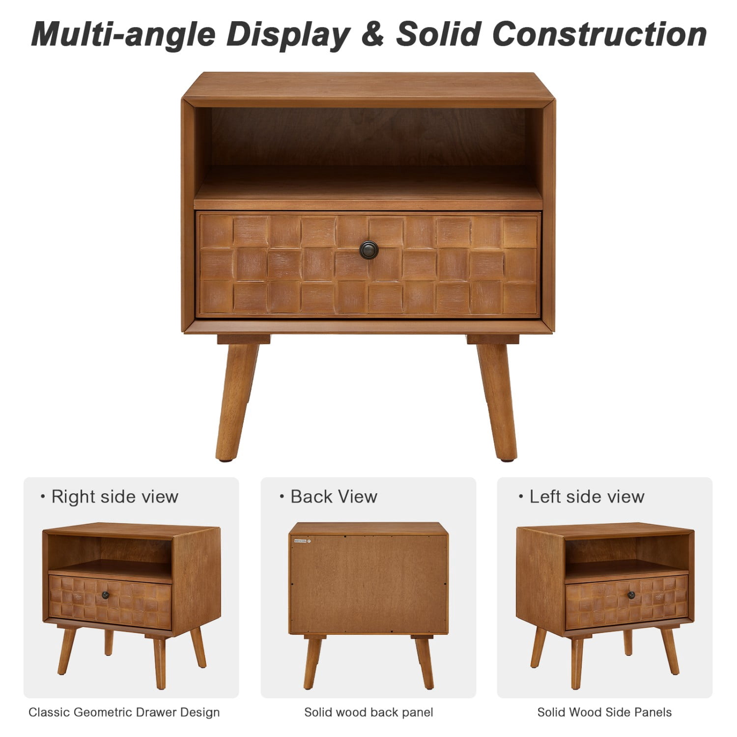 22" Mid Century Modern Nightstand with Drawer and Open Shelf, Wood Bedside Table with Carved Geometric Front, Solid Wood Legs, Small End Table for Bedroom Living Room, Golden Oak