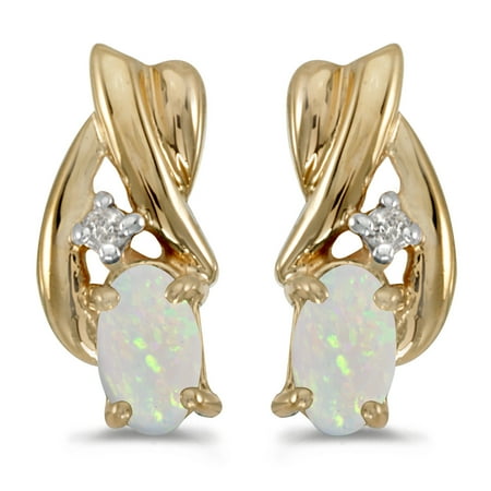 - 14k Yellow Gold .16 ct Oval Opal 5x3mm Gemstone .02 ct Diamond Accented Drop Angel Wing Earrings for Women