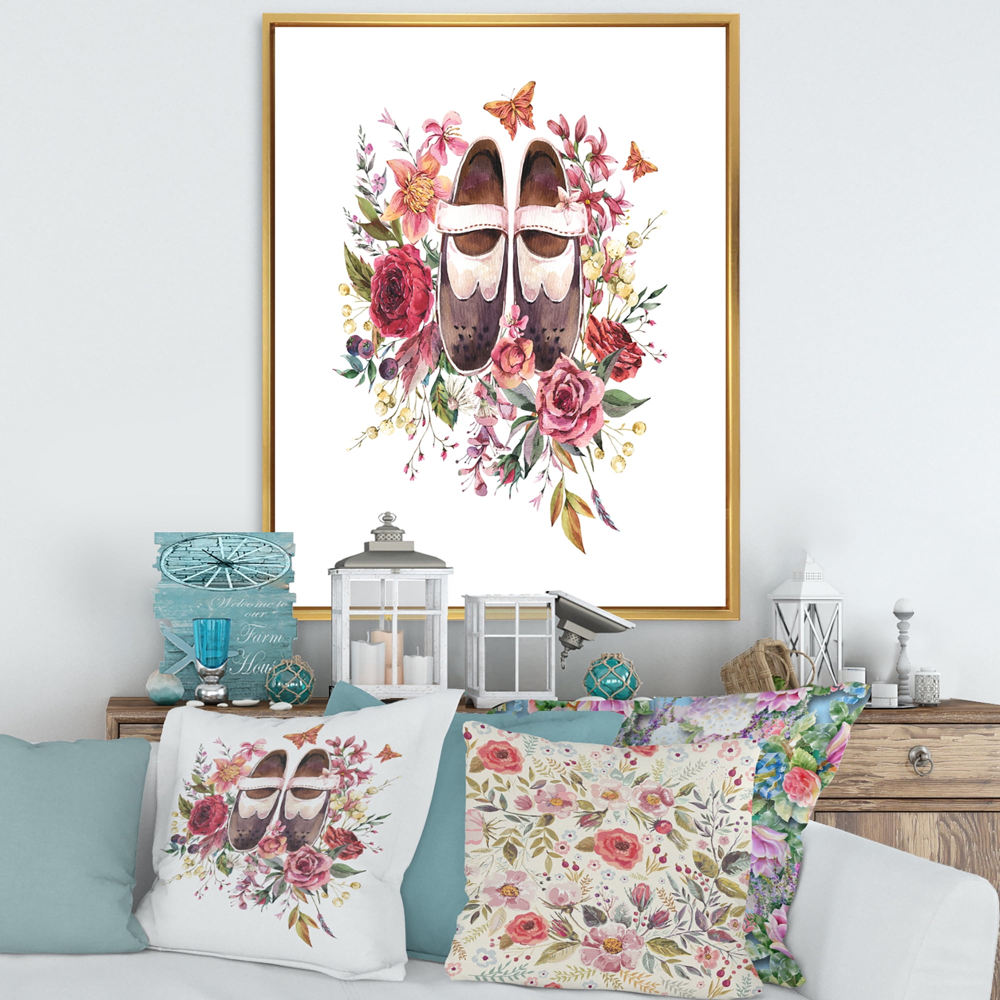 Designart 'Wildflowers With Ancient Oxford Shoes' Farmhouse Framed Canvas Wall Art Print