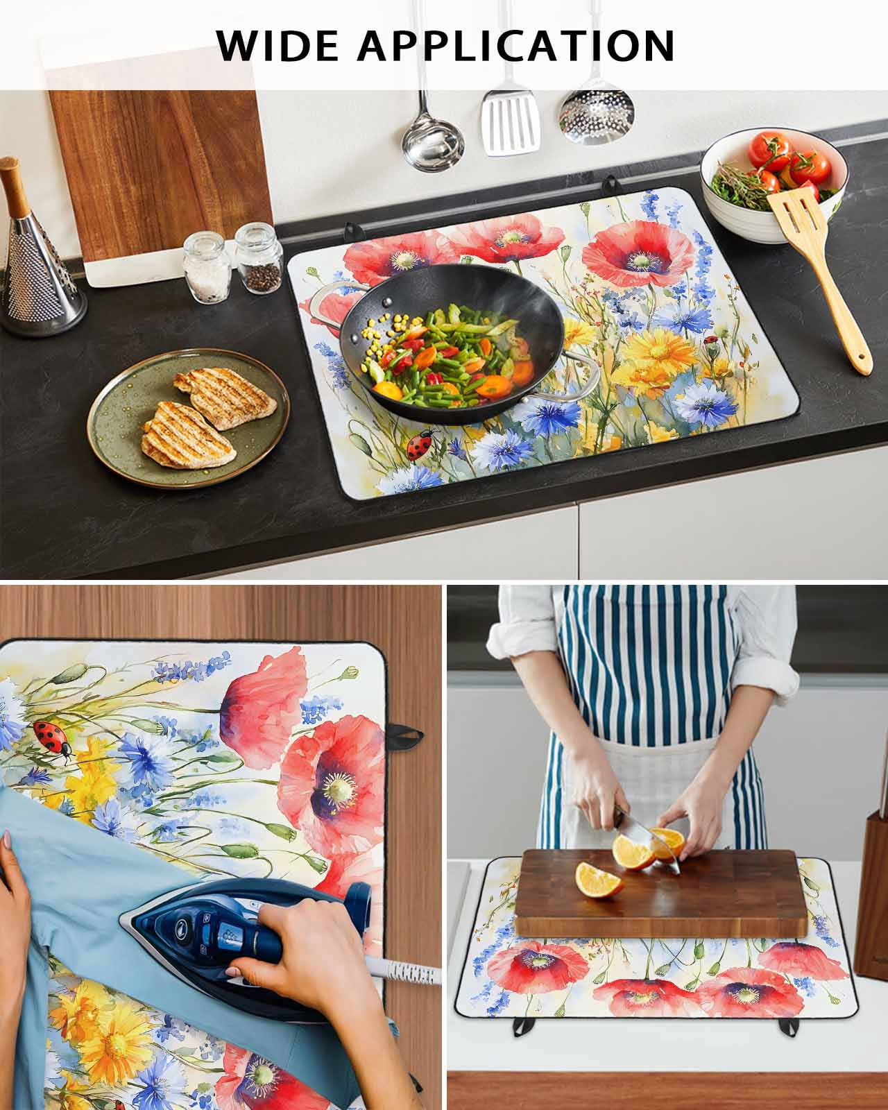 nqOlkjepod Large Induction Cooktop Protector Mat 24"x21", Blue Flower Stove Top Covers for Electric Stove, Patriotic Red Poppy Floral Daisy Wildflower Stove Burner Cover Mats, Glass Top Stove Cover