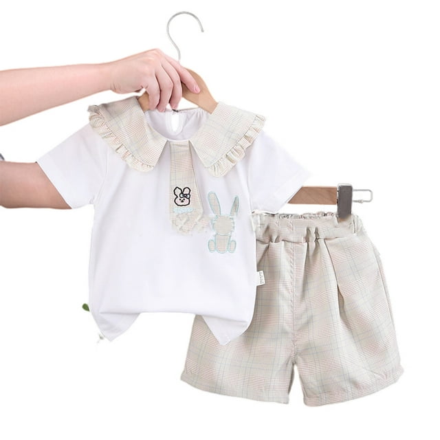 Ensemble d'Été 2 Pcs pour Enfants, Chemise à Manches Courtes avec Nœud et Shorts pour Filles de 0 à 6 Ans