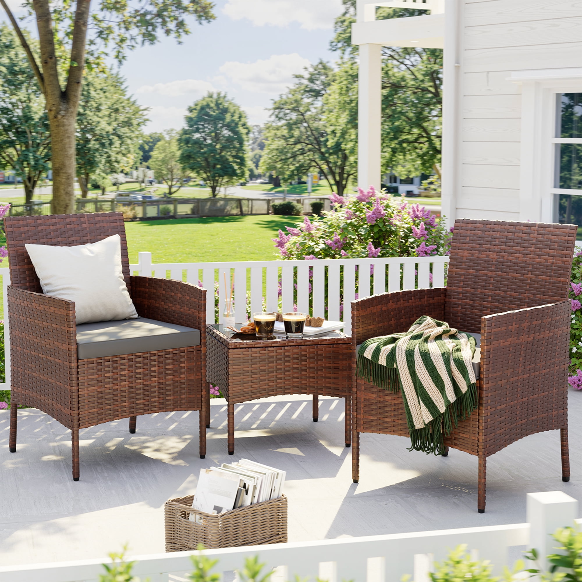 ELPOSUN 3 Piece Outdoor Patio Furniture Set  Bistro Set with Coffee Table, Wicker Rattan Conversation Sets for Backyard, Porch, Poolside (Grey)