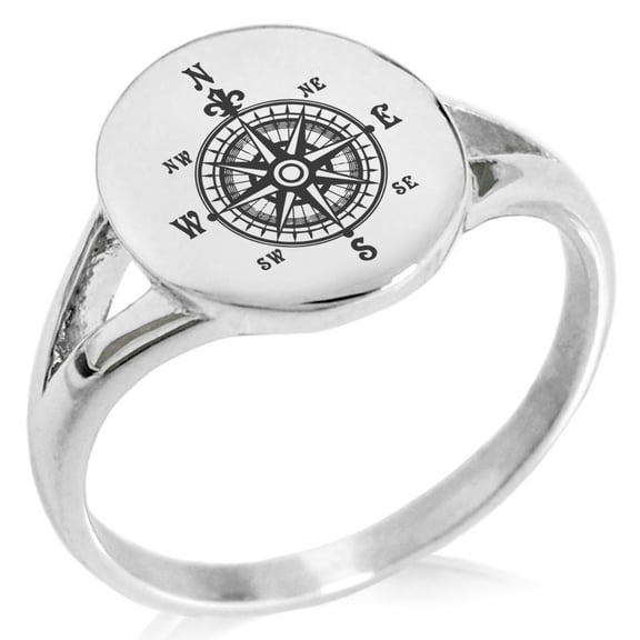 Stainless Steel Nautical Fleur de Lis Compass Minimalist Oval Top Polished Statement Signet Ring