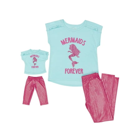 2 Piece Winter Pajamas - Girls' Girl's Mermaid 2 Piece Pajama Sleep Set with Matching Doll Pajama (Little Girl & Big Girl)