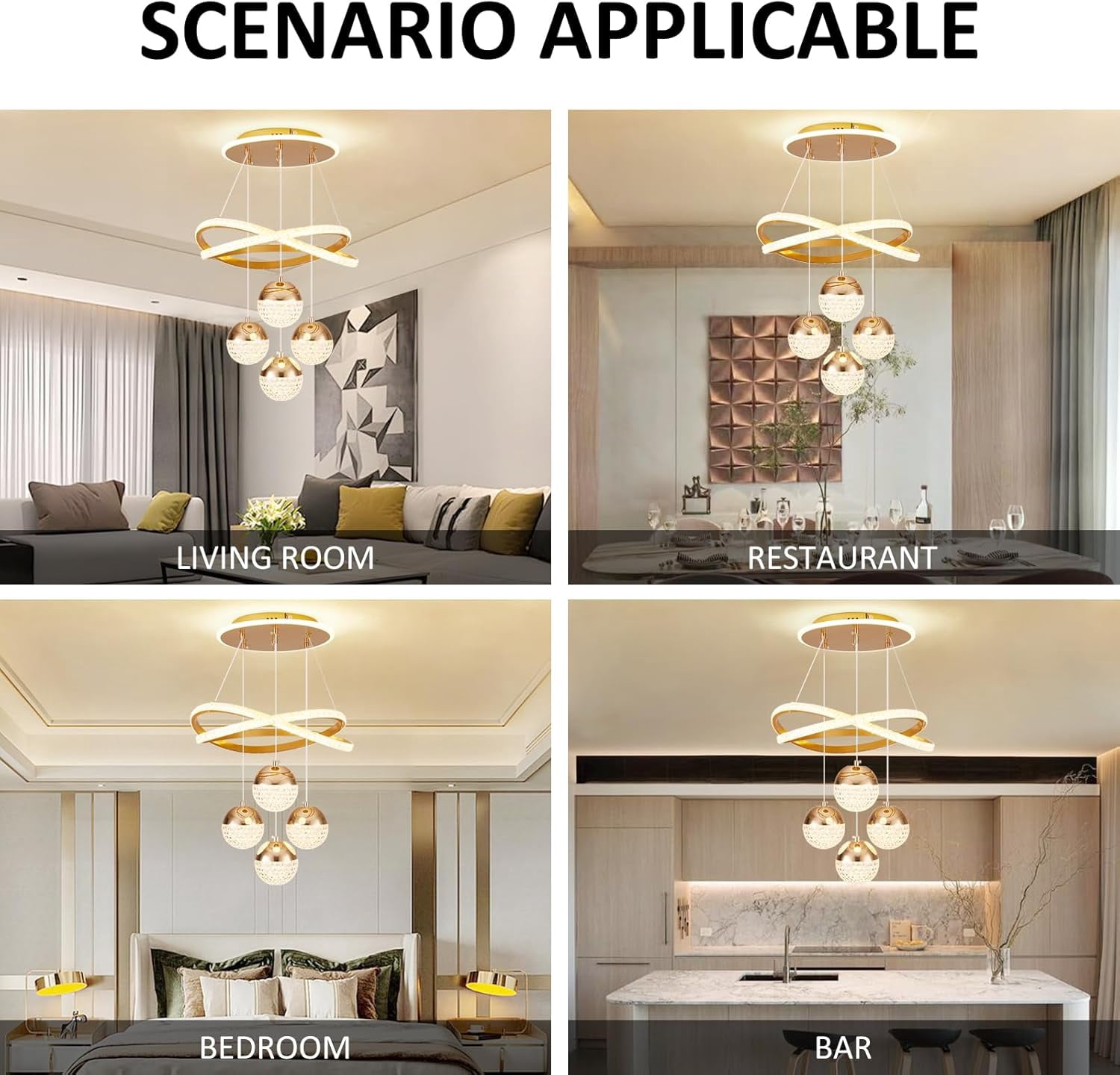 More Change Modern Gold LED Chandeliers, 3-Color Dimmable Pendant Light for Kitchen Island, Dining Room, Living Room, Contemporary Hanging Ceiling Light, Adjustable Height for Modern Home Decor
