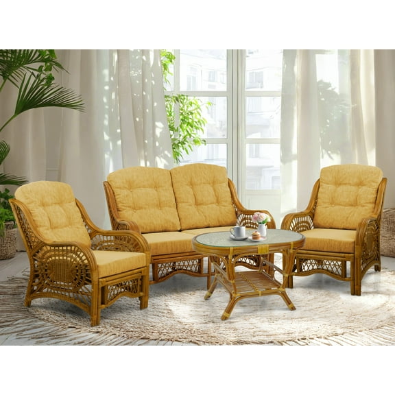 SK New Interiors Malibu Set of 2 Natural Rattan Wicker Lounge Chairs, Loveseat w/Light Brown Cushion and Coffee Table w/Glass Handmade, Colonial