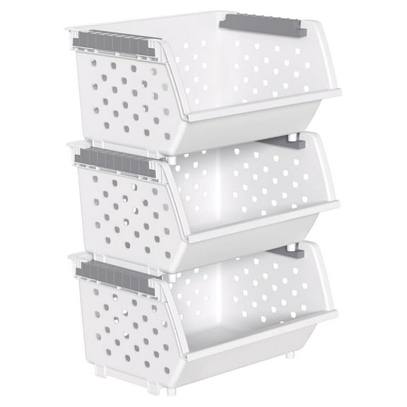 Plastic Stacking Bins, Stackable Storage Basket, White, Set of 3