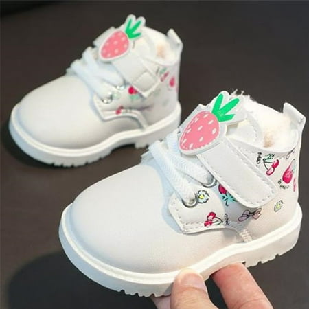 

LYCAQL Toddler Shoes Fashionable Children s Fashion Boots Girls English Style Single Boots Fruit Printing Cotton Boots and Girls (White 9.5 Toddler)
