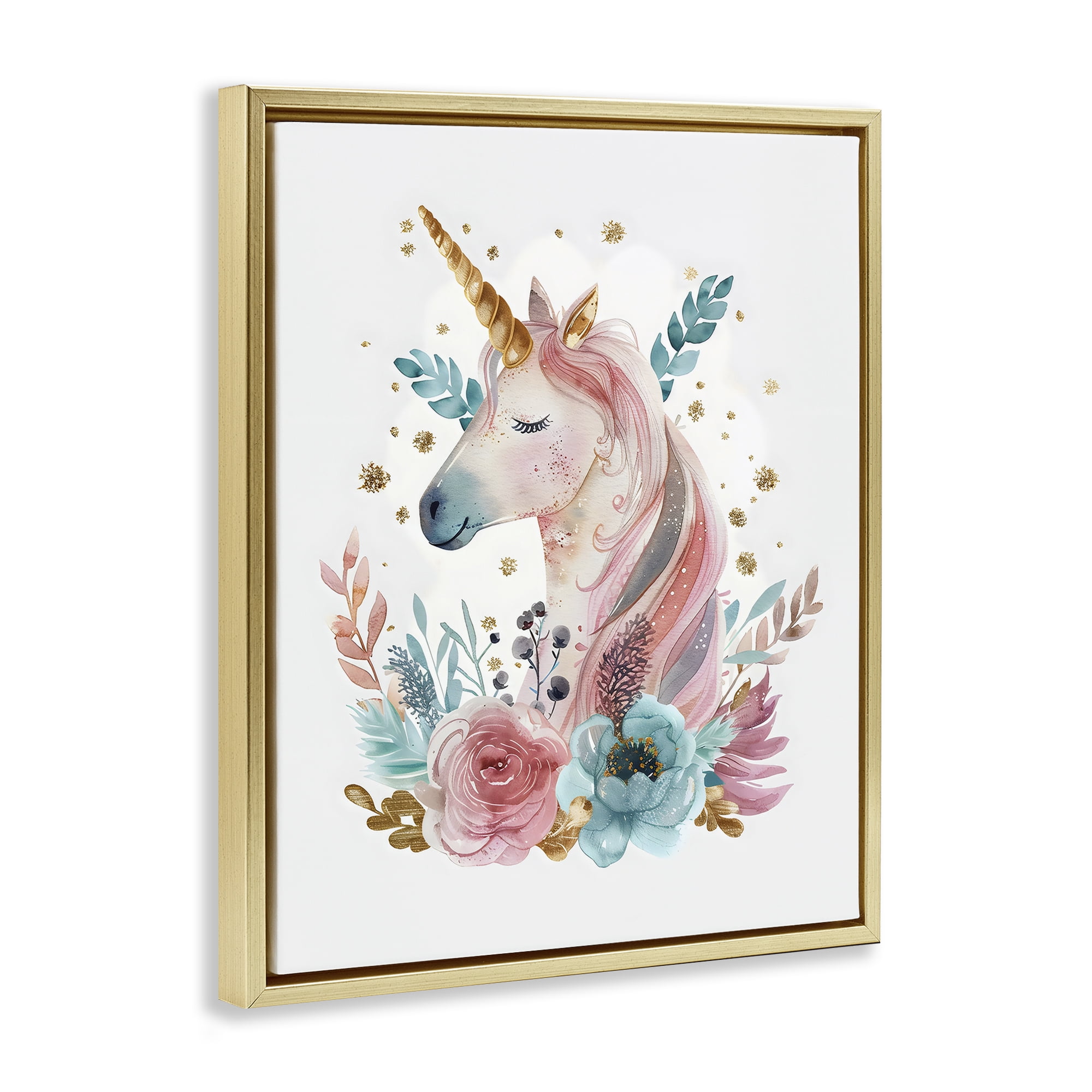 Stupell Industries Floral Unicorn with Gold Details Gold Framed Floater Canvas Wall Art, design by LSR Design Studio