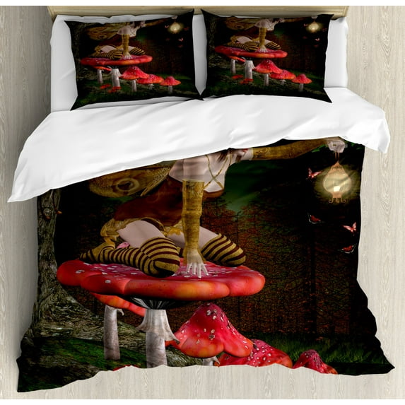 Fantasy Duvet Cover Set King Size, Mythical Fairy Creature Sitting on Mushroom Beside an Oak Tree Summer Forest Print, Decorative 3 Piece Bedding Set with 2 Pillow Shams, Multicolor, by Ambesonne