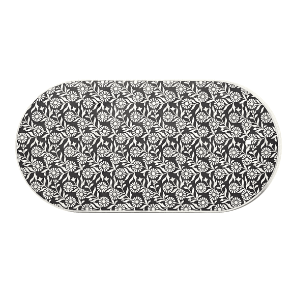 Handcrafted Bone Inlay Oval Coffee Table – Romantic Floral Design in Black and Off-White with Cream Border
