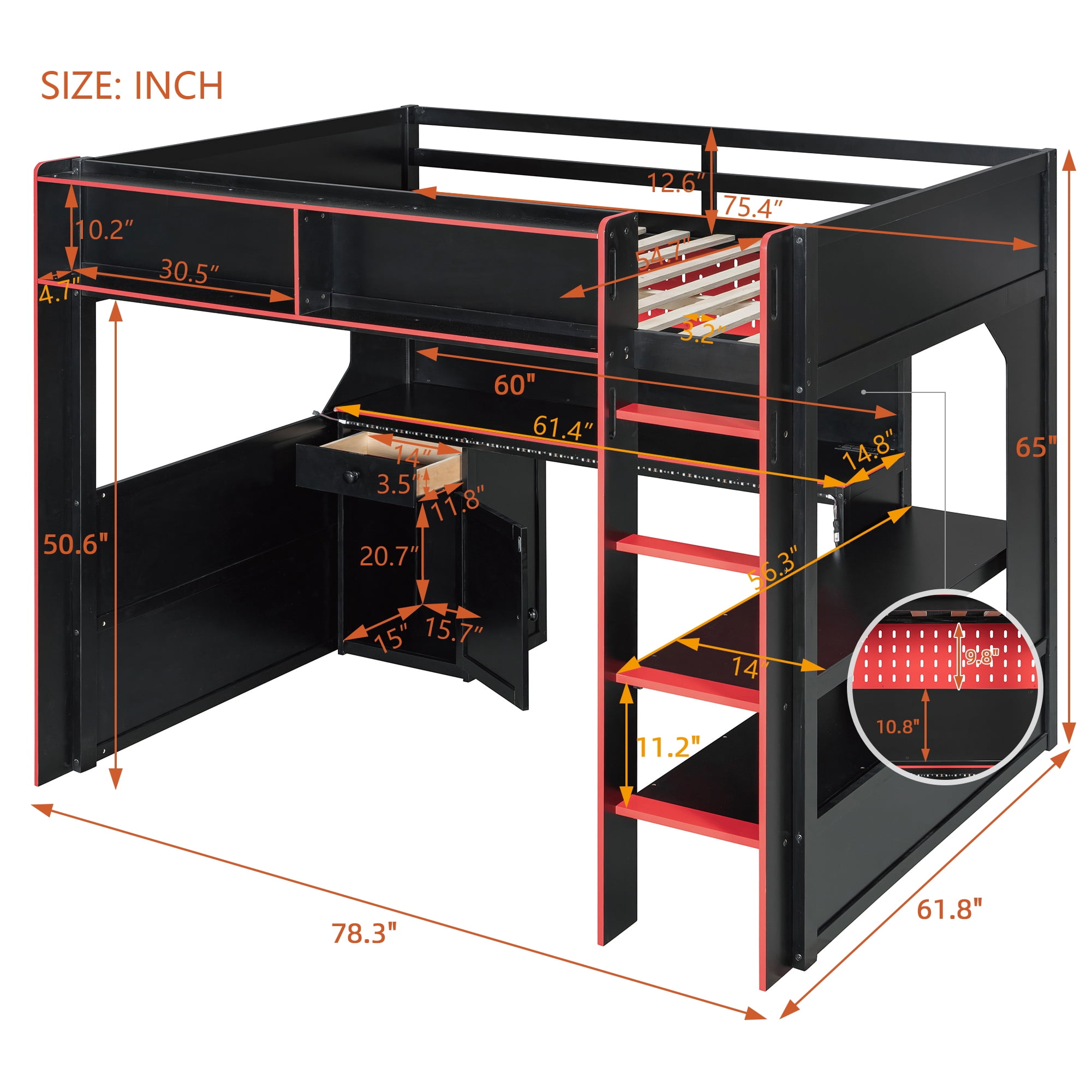 Aukfa Full Size Gaming Loft Bed with Desk, LED Lights, Charging Station & Storage Shelves/Cabinet, Wooden Bed Frame for Kids, Black/Red
