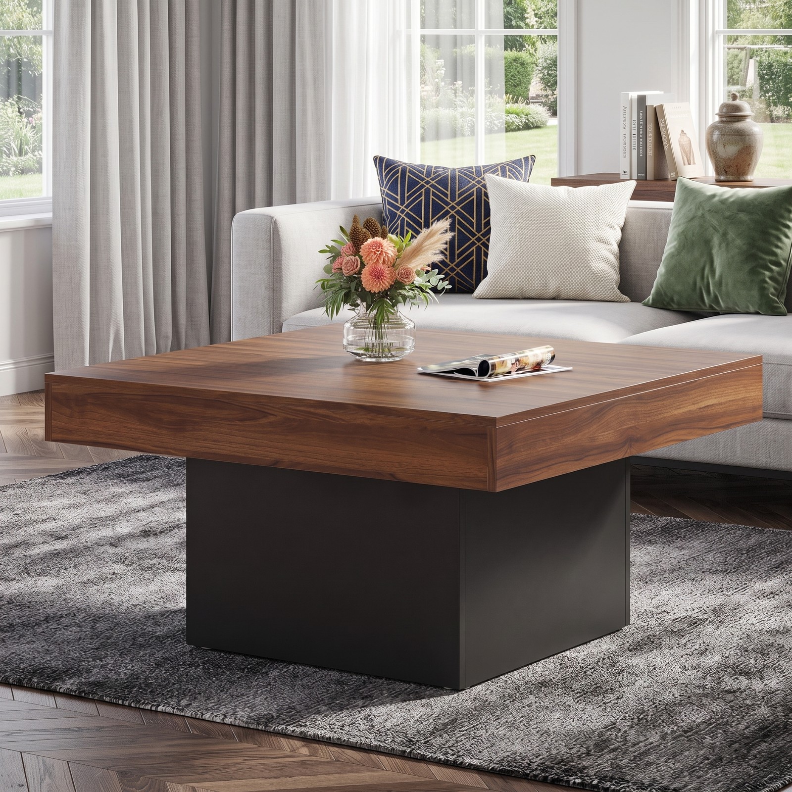 Furnibear LED Coffee Table Square Accent Table with RGB Lights and 21 Dynamic Modes, Remote Control, Engineered Wood Center Table for Living Room, Rustic Brown & Black