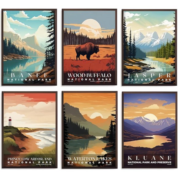 shiyou-Canadian National Parks Posters Wall Art Prints Set of 6, Natural Landscape Posters Wall Decor, Banff, Jasper, Wood Buffalo, Prince Edward Island, Waterton Lake, Kluane National Park and More,