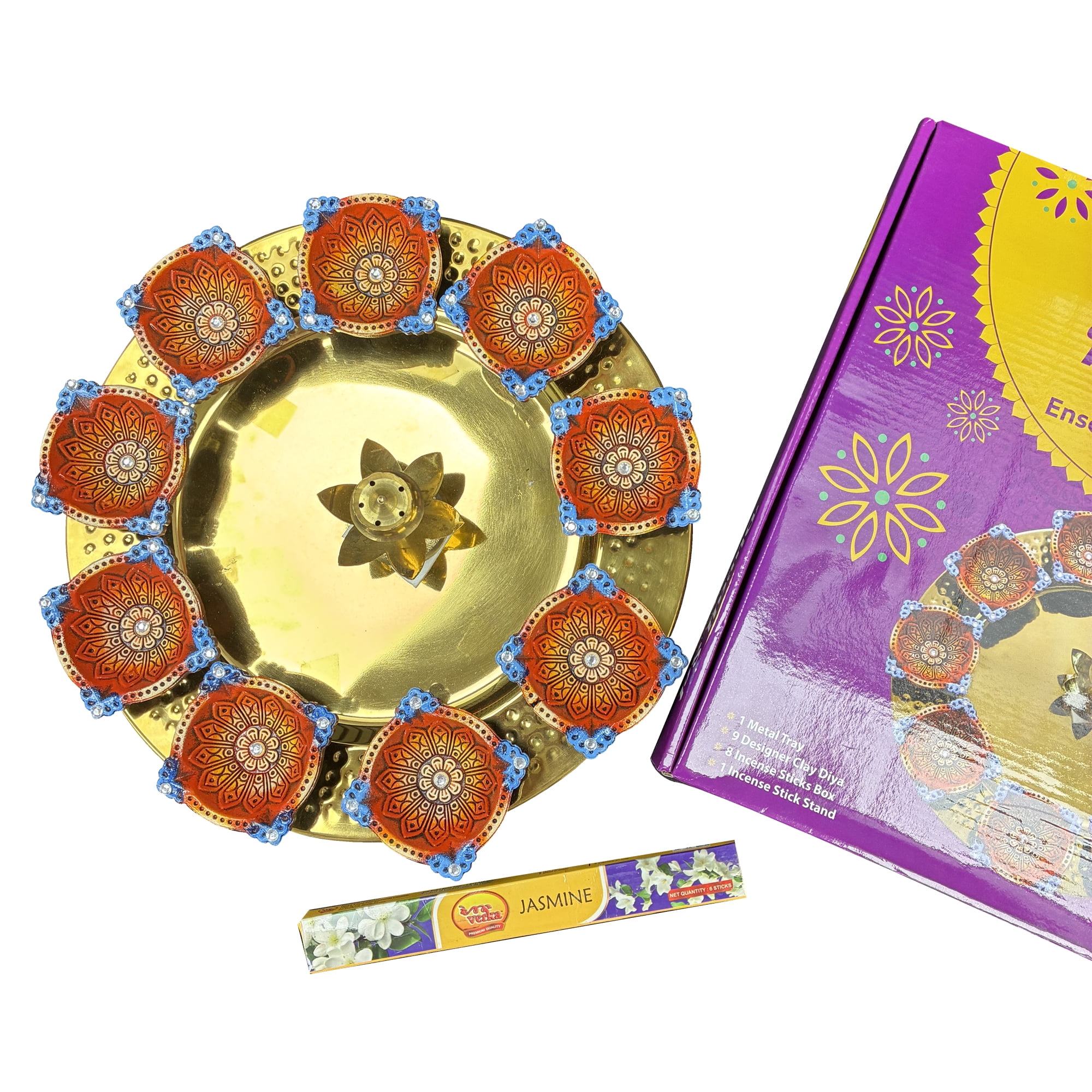 Verka 12 Piece Diwali Set includes Diyas, Agarbati, Agarbati Stand and 1 tray