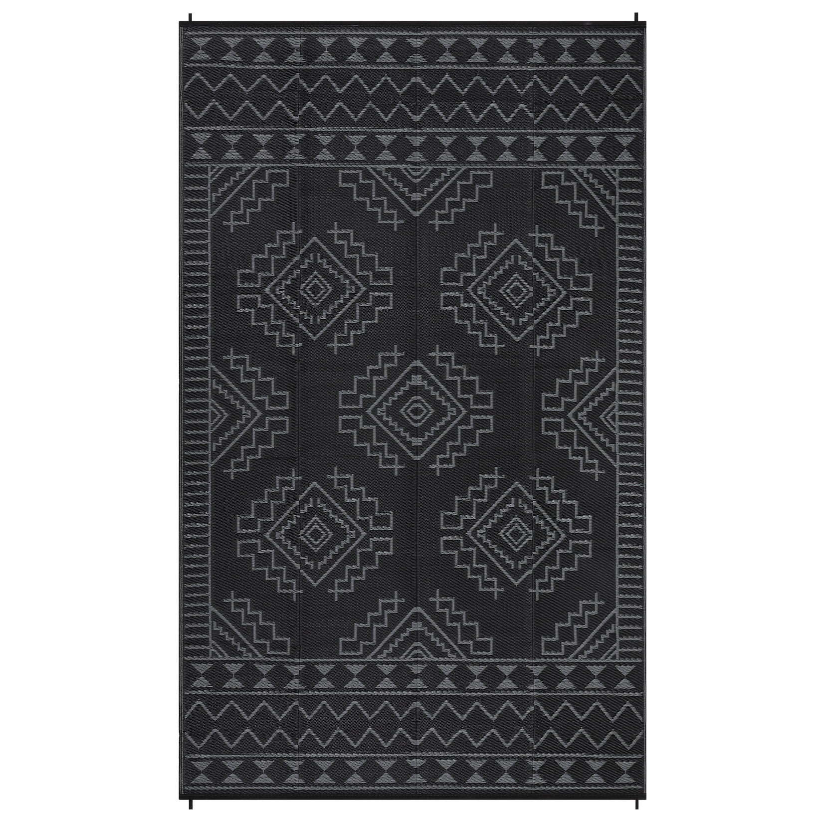 Nanan 9'x18' Outdoor Rug Geometric Waterproof Plastic Straw Rug, Reversible Portable Camping Rug for Patio Balcony Deck Backyard, Black Gray
