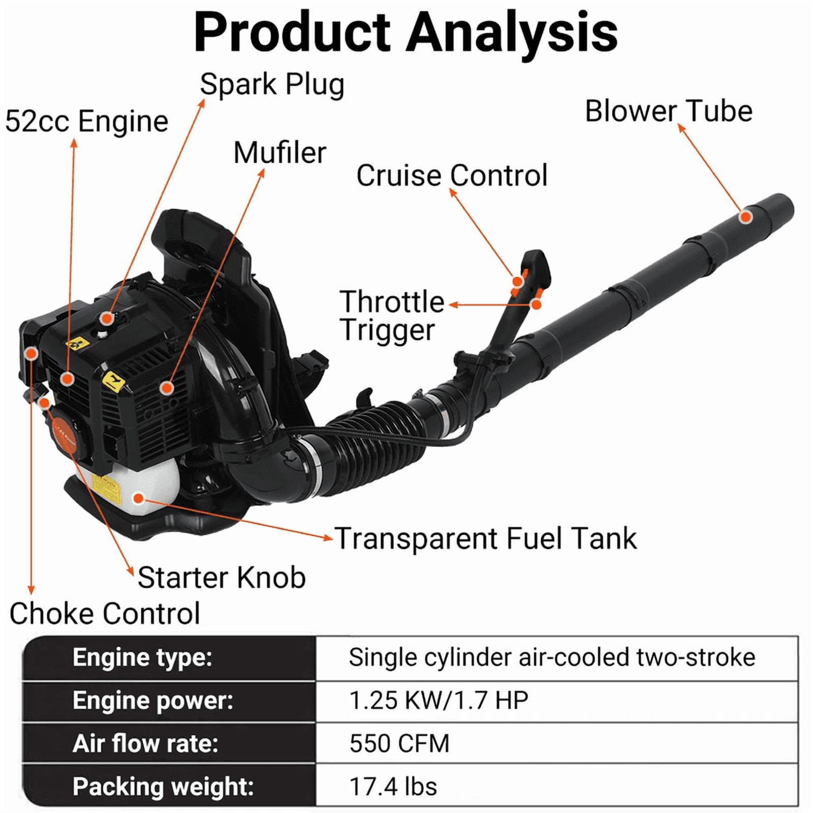 Backpack Leaf Blower, 52CC 2-Stroke Leaf Blower with Fuel Tank, 550CFM Air Volume 200MPH Speed, Ideal for Lawn Care, Leaf Cleaning, and Snow Removal