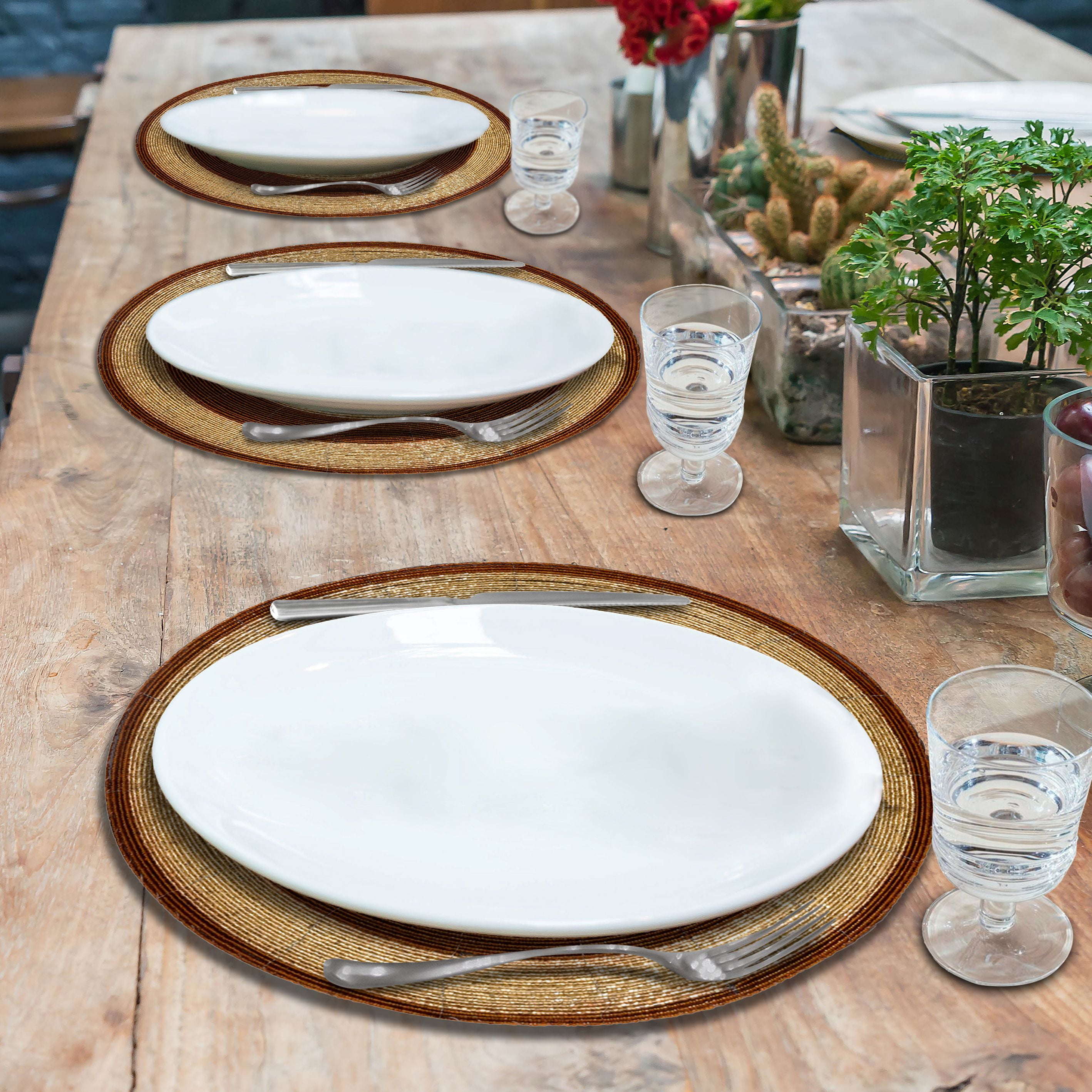 Beaded Placemats Set of 8 for Dining Table, Table Placemats, 14 Inches Round - Brown Gold