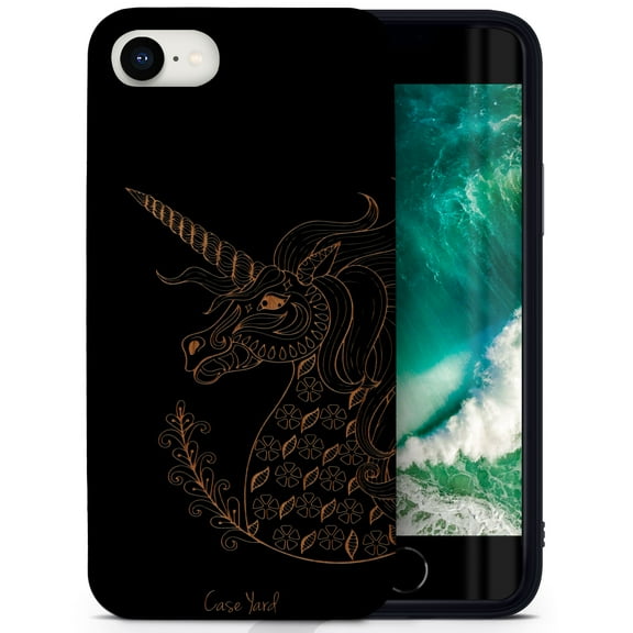 Case Yard Wooden Case for iPhone-SE Soft TPU Silicone cover Slim Fit Shockproof Wood Protective Phone Cover for Girls Boys Men and Women Supports Wireless Charging Unicorn Design