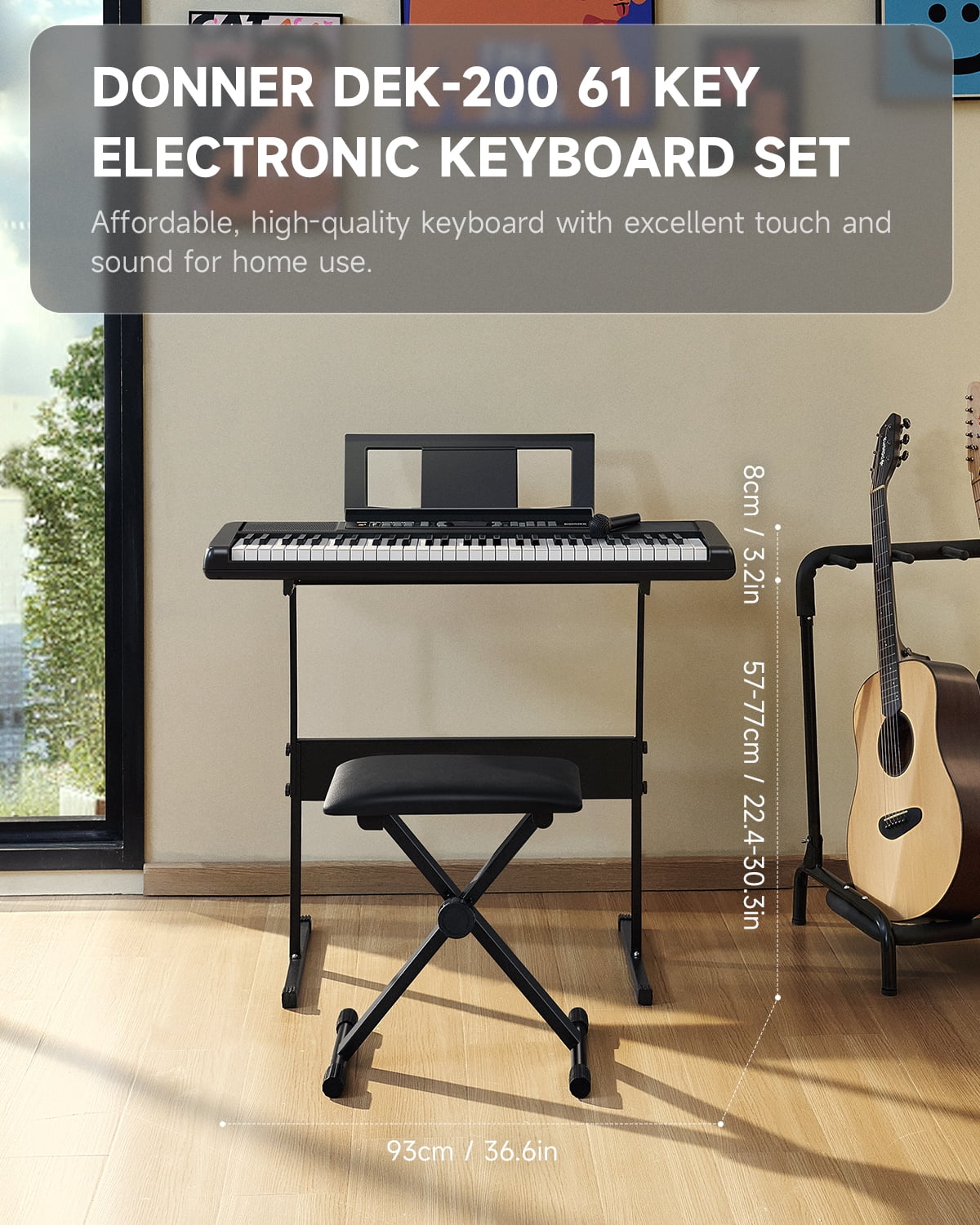 Donner DEK-200 61-Key Piano Full-Size Electronic Keyboard Set, Auto Accompaniment, Metronome,, Includes 300 Tones, with Stand, Bench, Microphone