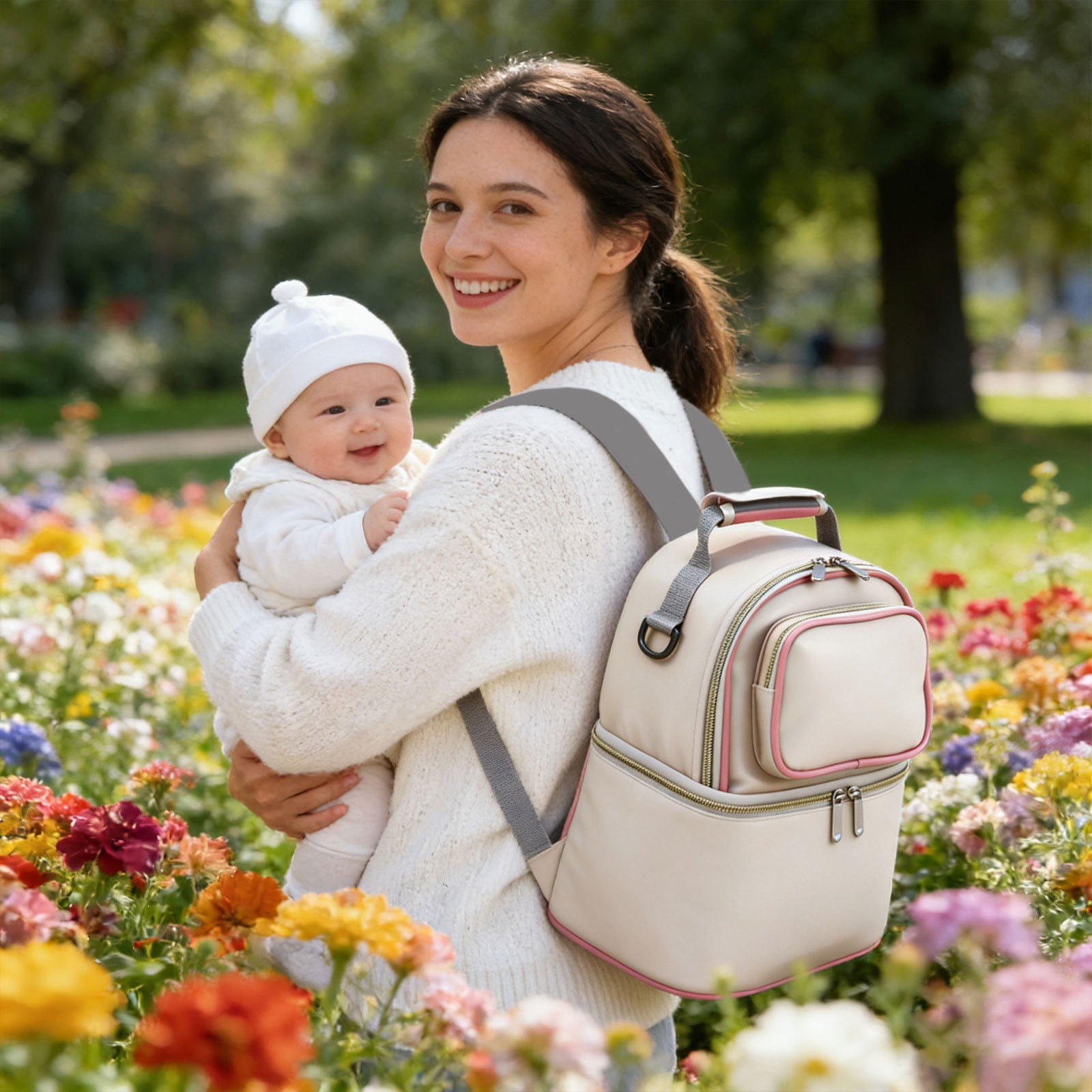 Multi Functional Mom Portable Insulated Double Layer Backpack for Mother and Baby, Large Diaper Bag with Thermal Pocket for Bottles, Waterproof Travel Bag for Outing