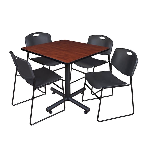 Regency 36 in. Square X-Base Breakroom Table- Cherry, 4 Zeng Stack Chairs- Black