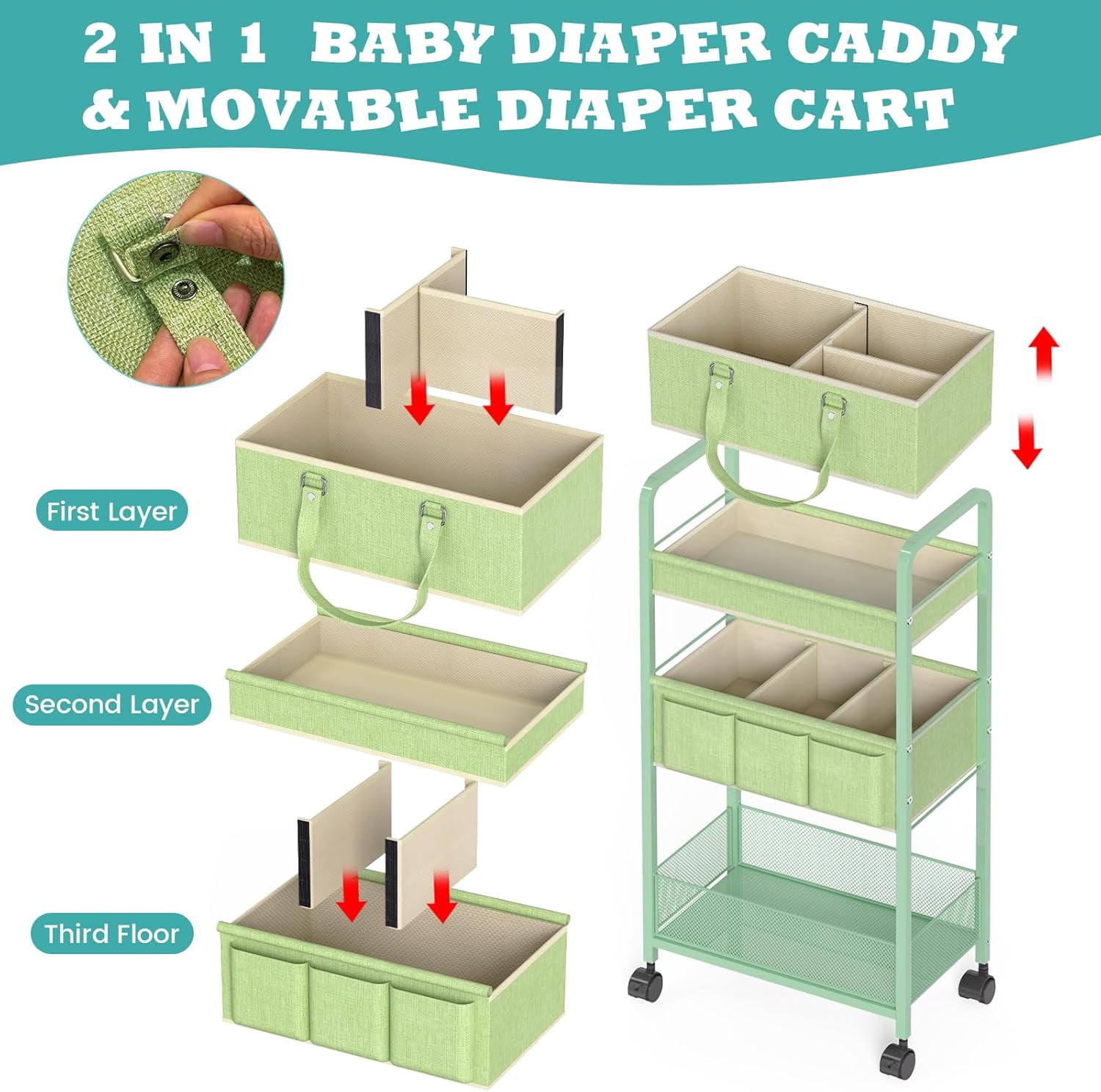 2in1  Diaper Caddy Organizer Cart, 3-Tier Rolling Cart, Metal Diaper Caddy Carts, Bedside Carts for Nursery Essentials Storage, Detachable Dividers, Large Capacity, Green