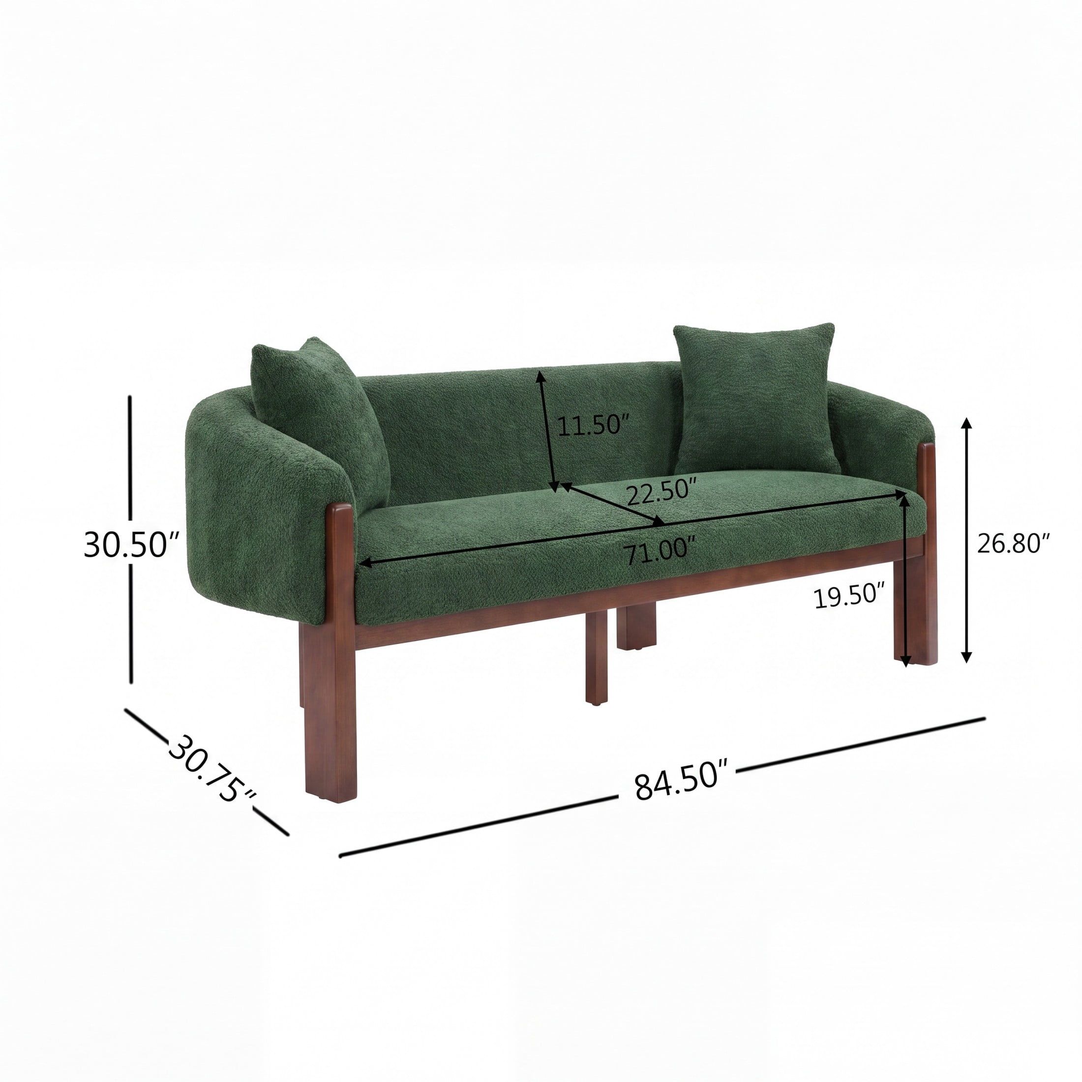 Christopher Knight Home 84.5" Modern Boucle Sofa with Throw Pillows, Seats 3, Wood Legs, Green