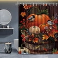 thumbnail image 5 of Cortinas de ducha de calabaza de Acción de Gracias de otoño para baño, juego de cortinas de ducha impermeables de color naranja con diseño de pájaro otoñal y 12 ganchos, 5 of 5