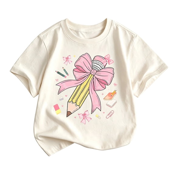 Girls School Uniform Cartoon Print Short Sleeve Crew Neck Breathable T-Shirt Back-To-School T Shirts for Girls 2-3 Years