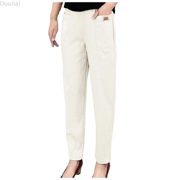 DuoJiaJ Women Elastic Waist Cotton Trousers Relaxed Fit Straight Leg Trousers Casual Loose FIitting Trousers Women's Lounge Pants Beige L