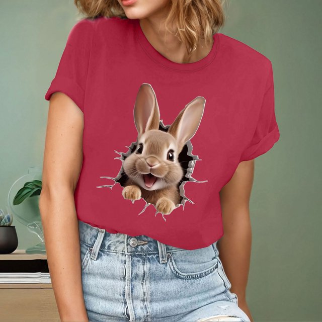 Ounisa T-Shirts à Manches Courtes pour Femmes Col Rond Imprimé Lapin de Pâques Tissu Doux Coupe Ample Printemps Été 2026 Mode Décontractée Quotidienne Confortable Tendance Basique Hauts P-2TG