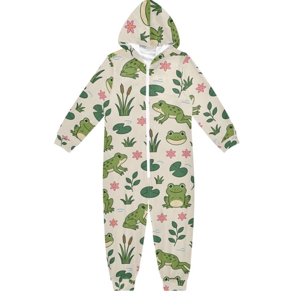Cute Flog Boys & Girls Hooded One-Piece Pajamas Warm Crystal velvet Hooded Long Sleeve Loungewear Jumpsuit Unisex