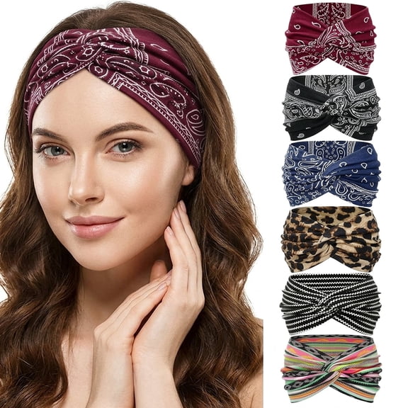 Kicpot 6 Boho Hair Turban Headband, Fashion Womens Headbands, Non Slip Elastic Wide Turban Head Wrap, Workout Bandana Hair
