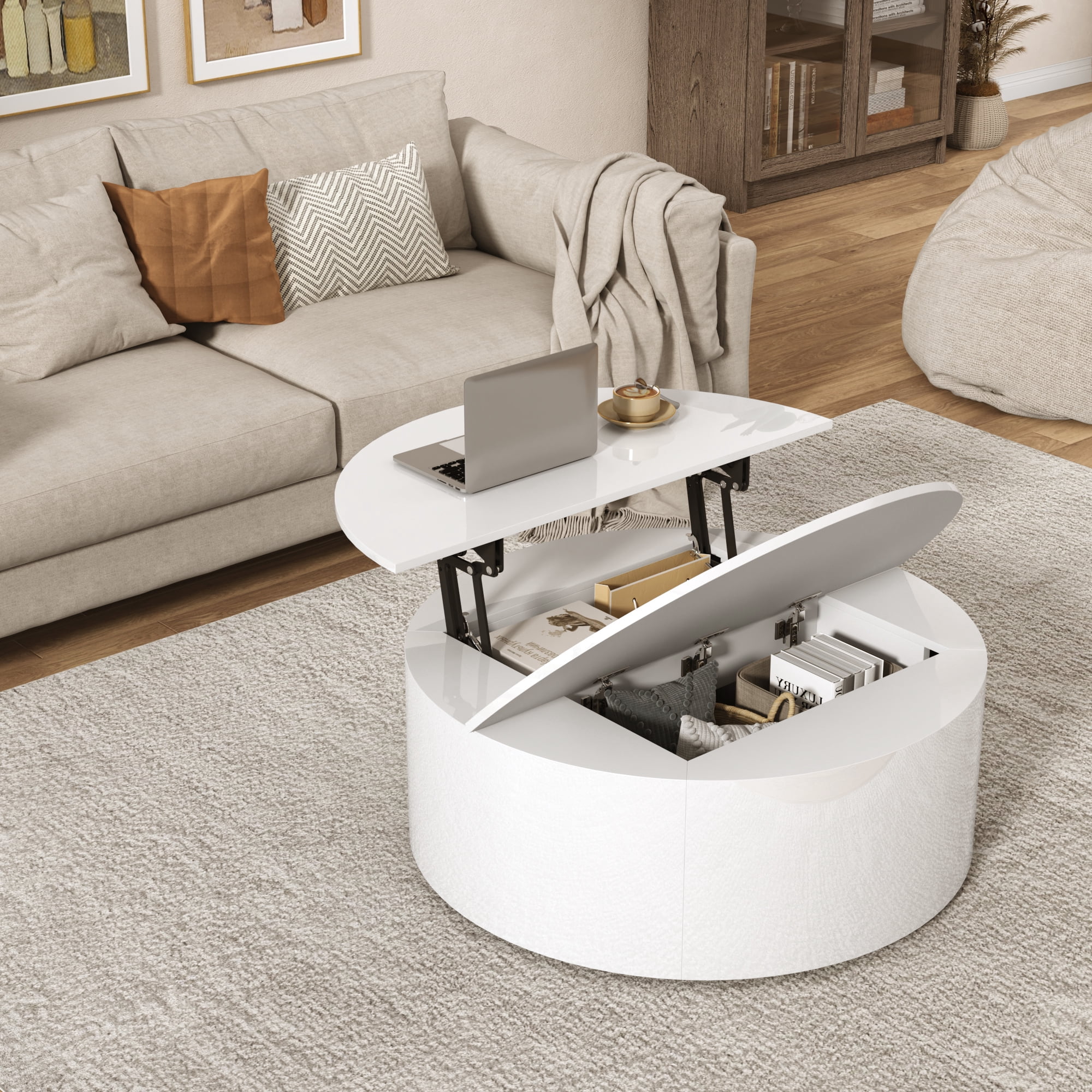 ANPOO Round Lift Top Coffee Table with Storage, Modern High Gloss Coffee Table with Hidden Storage Space, Circular Center Table for Livingroom, Small Space, Small Space, Apartment