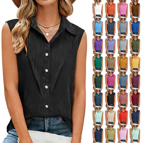 Feancey Womens Sleeveless Shirts Linen Lapel Collar Summer Tops Dressy Trendy Business Button Down Blouses Office Work Shirt Black 3XL