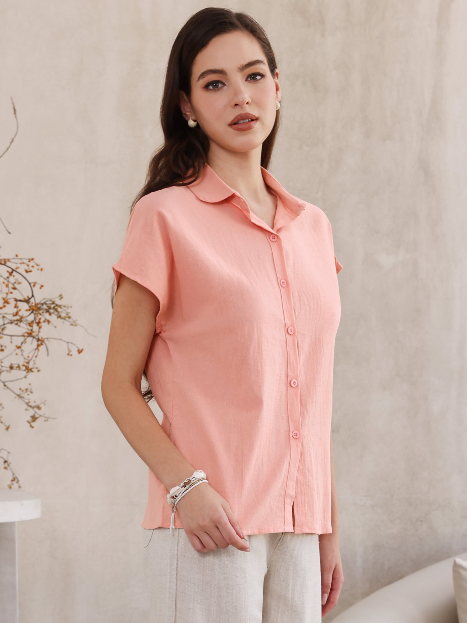 DARING DIVA Women's Linen Button Down Short Sleeve V Neck Tops 2XL Pink