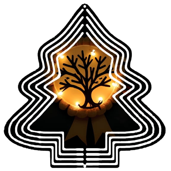 Stylized Metal Hanging Christmas Tree Ornament - Black Outline with Glowing Orange Interior & Illuminated Silhouette Perfect for Garden Decor