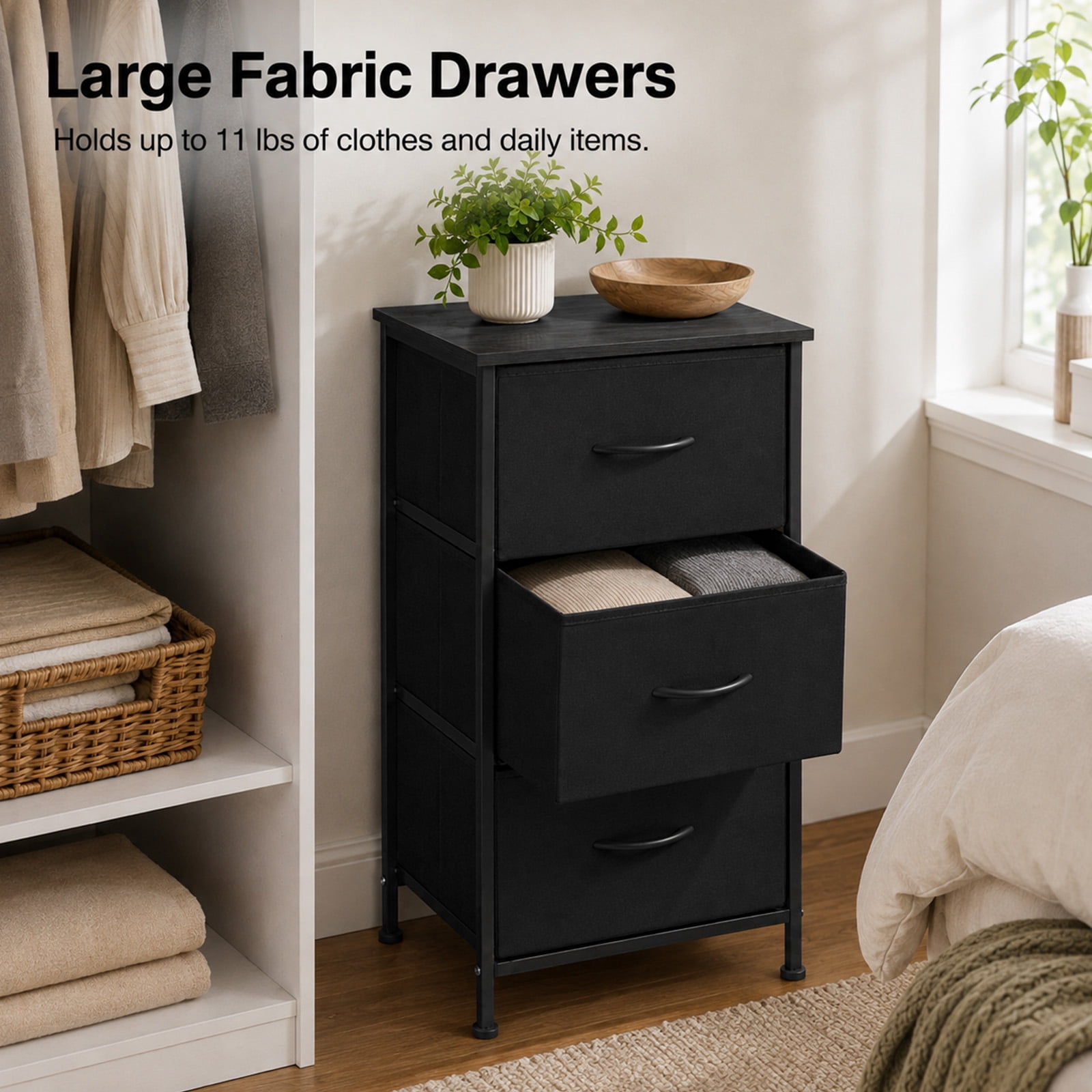Alvantor 3-Tier Drawer Fabric Dresser, Roomy Fabric Drawers, Compact Nightstand, Bedroom or Closet Use, Chest Of Drawers, Dresser for Small Spaces