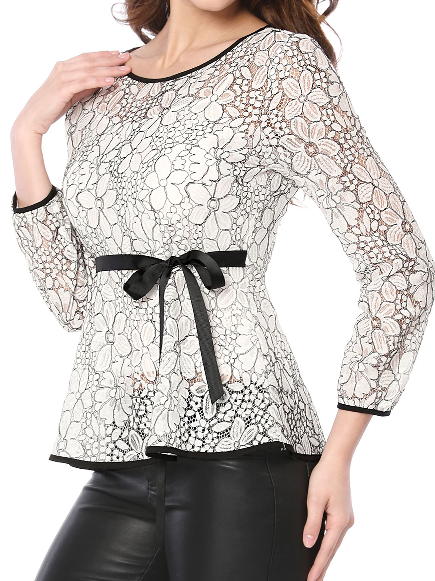 DARING DIVA Self-Tie Waist Semi Sheer Peplum Top S White