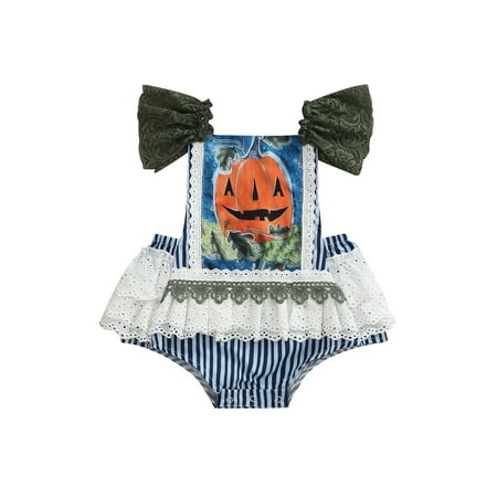

Wassery Halloween Baby Girls Romper Infant Pumpkin Print Lace Splicing Fly Sleeve Triangle Bottom Stripe Jumpsuit Casual Outfits