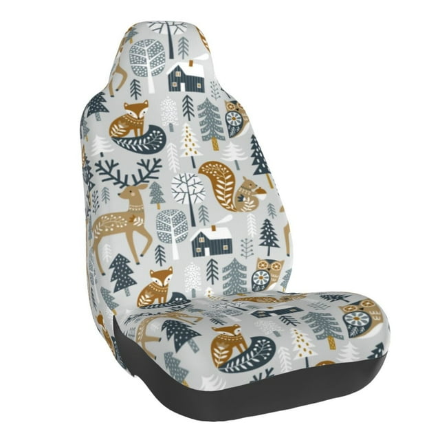 Wukai Winter Forest Animals Full Set Car Seat Covers with Soft Padding Universal Auto Front Seats Protector and Cushion Mat