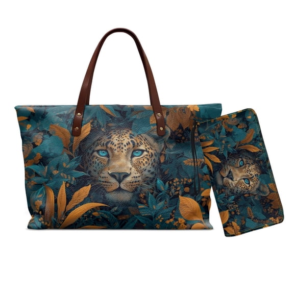ZUXONGSYLeopard Leaf Print Top Handle Handbag Set with Wristlet Wallet Pu Leather Wallet and Purse Set Lightweight Shoulder Bag with Matching Clutch for Travel