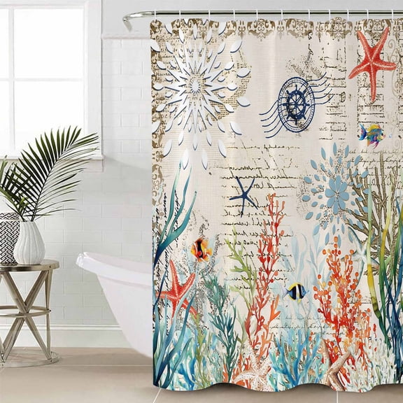 Vintage Coastal Waterproof Fabric Shower Curtain, Summer Beach Coral Starfish Nautical Shower Curtain for Bathroom Curtains Bathtubs Hotel Washable Shower Curtains with 12 Hooks Long 72x78in