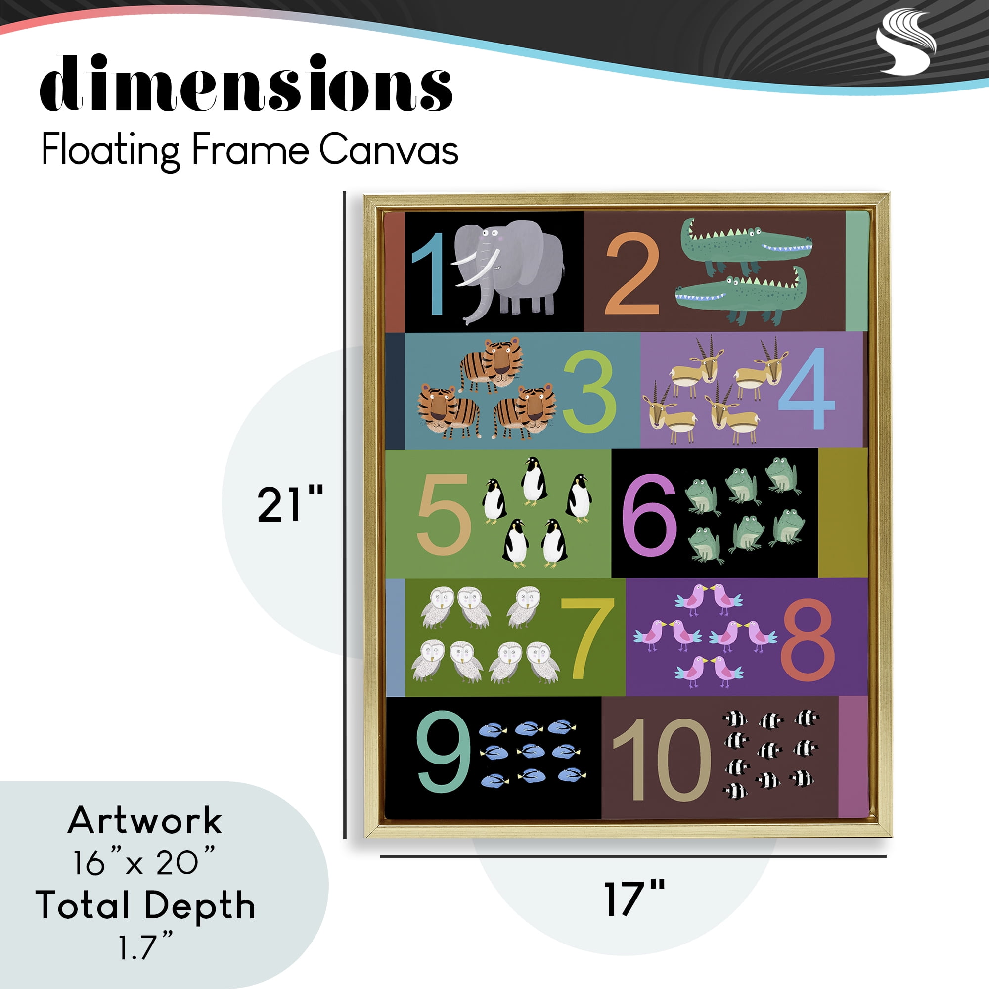 Blocked Kid's Educational Counting Gold Framed Floater Canvas Wall Art, design by Carla Daly