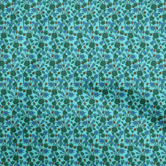 oneOone Cotton Cambric Aqua Blue Fabric Floral Craft Projects Decor Fabric Printed By The Yard 42 Inch Wide