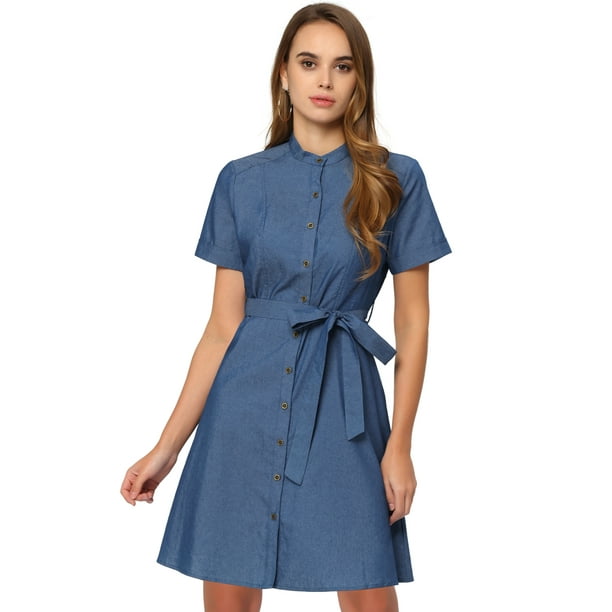Vestido camisero de mezclilla de manga corta con botones y cinturón para mujer Azul M