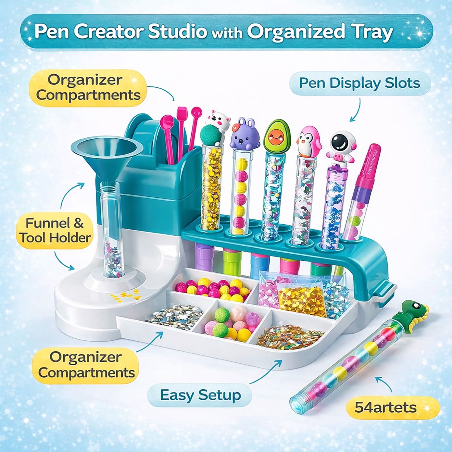 DIY Pen Making Kit with Pen Creator Studio, 50+ Accessories, Make 10 Sparkly Decorative Pens with Beads, Sequins and Charms, Craft Activity Gift Set