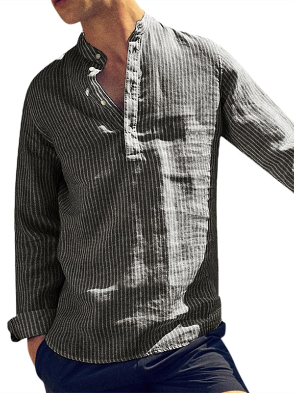 Men's Vintage Striped Shirt Grandad Collarless Button Down Autumn Causal Top Tee 