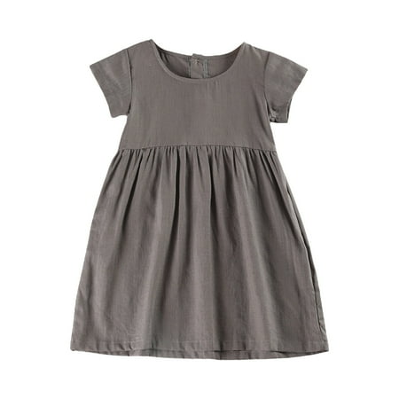 

Tengma Toddler Girls Dresses Short Sleeve Crewneck Solid Color Back Button Cotton Dress For 2 To 8 Years Princess Dresses Grey 150